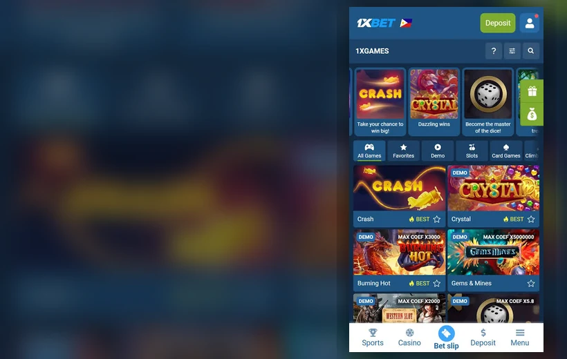 1xbet sports casino and 1xGames lobby visual